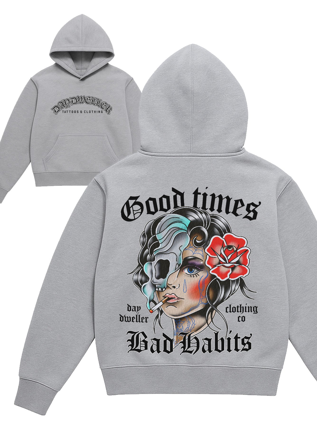 'Good Times, Bad Habits - Smoking Girl' Heavyweight Grey Hoodie