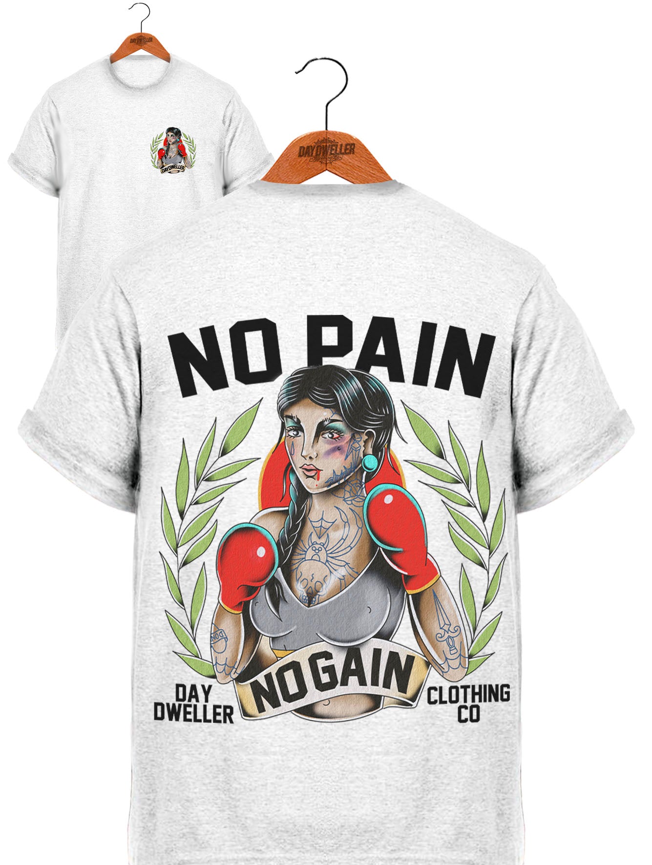 'No Pain, No Gain' Female Boxer Ash White Tee