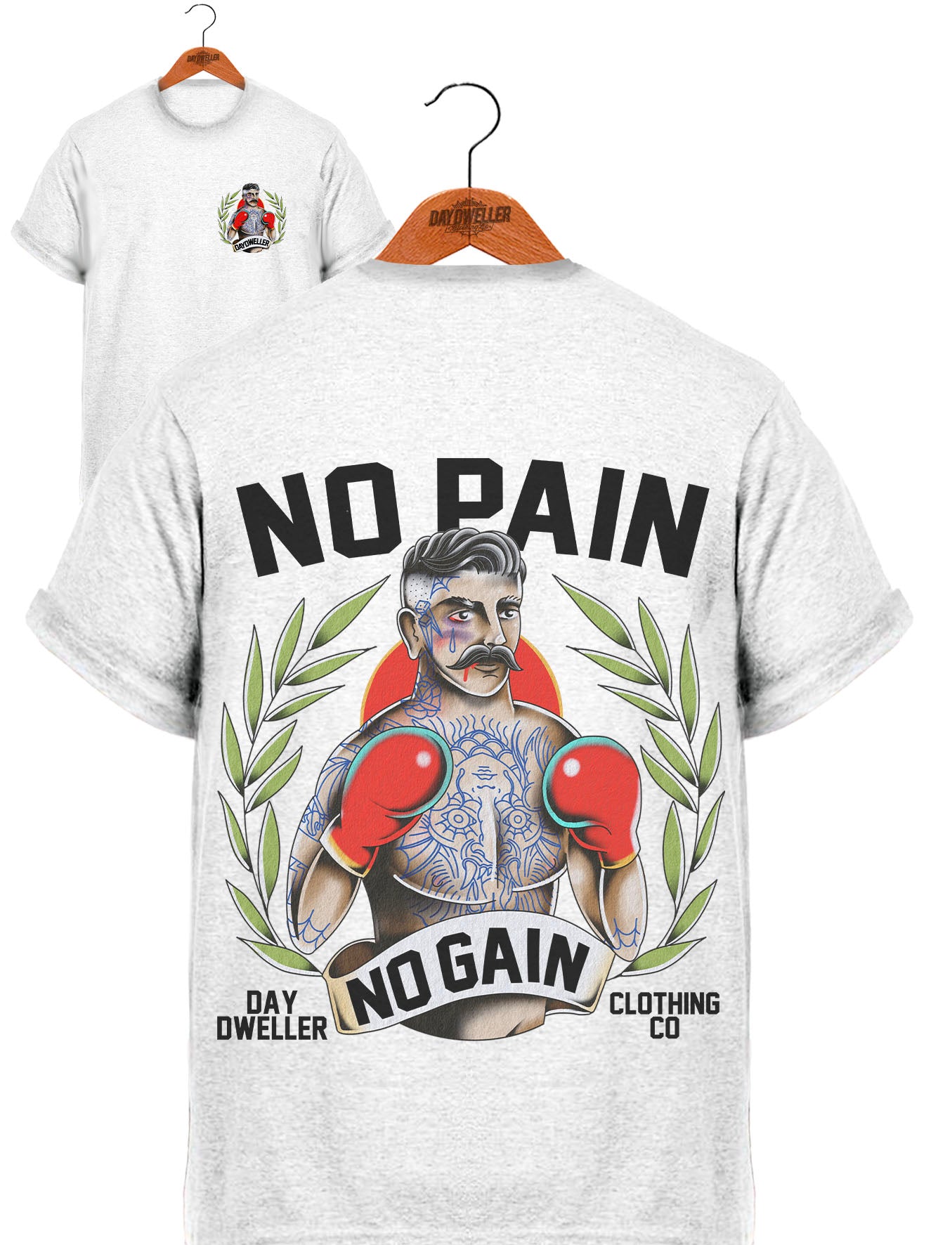 'No Pain, No Gain' Male Boxer Ash White Tee