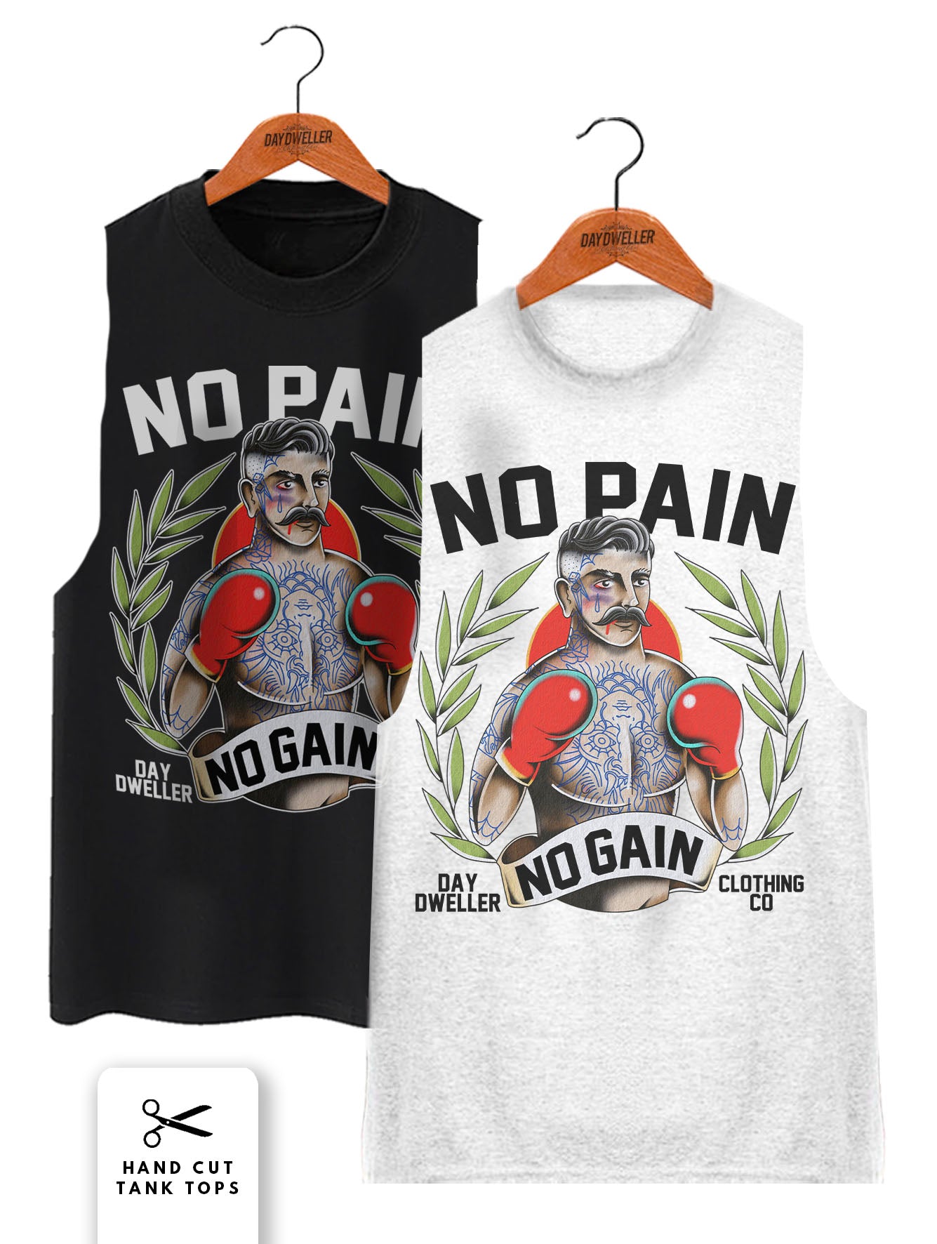 'No Pain, No Gain' Male Boxer Ash White Tank Top